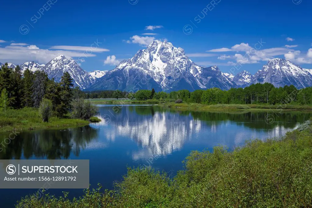 Mount Moran reflected in the Snake River in the Grand Teton National Park, Wyoming, USA.
