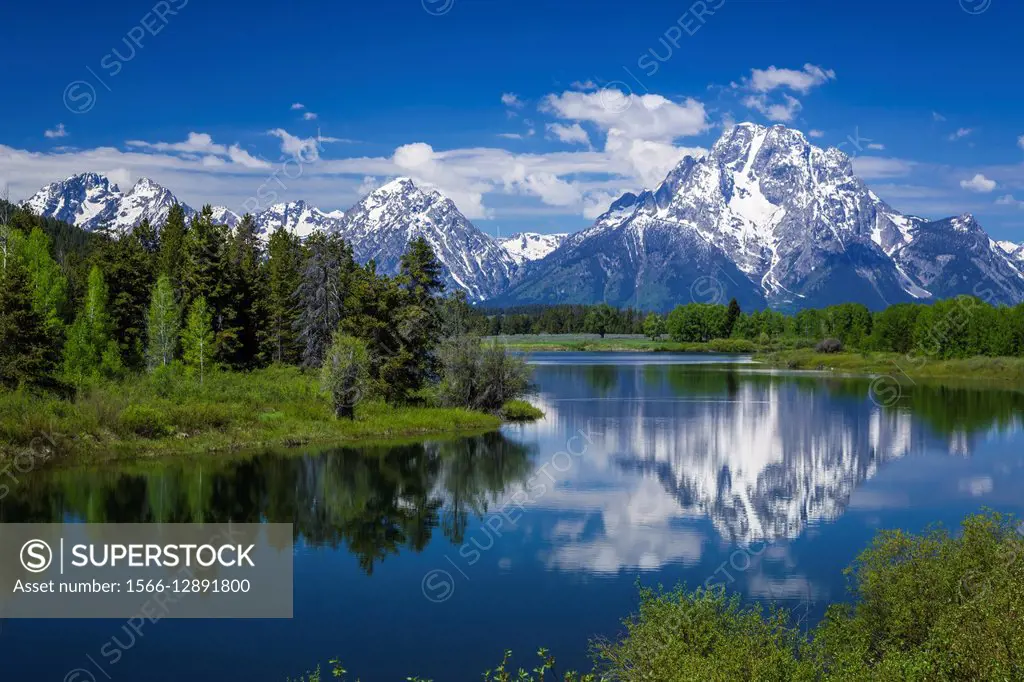 Mount Moran reflected in the Snake River in the Grand Teton National Park, Wyoming, USA.