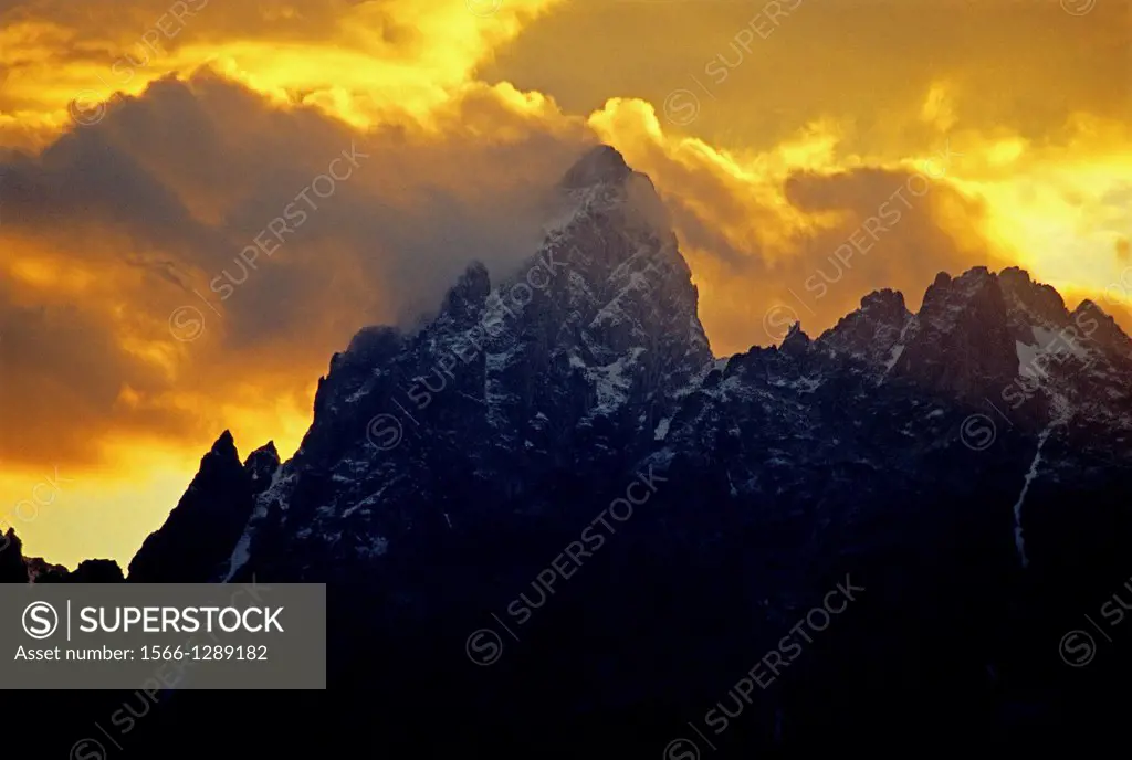 Tetons, Storm and clouds clearing from The Grand Teton and surrounding peaks in Grand Teton National Park in northern Wyoming.