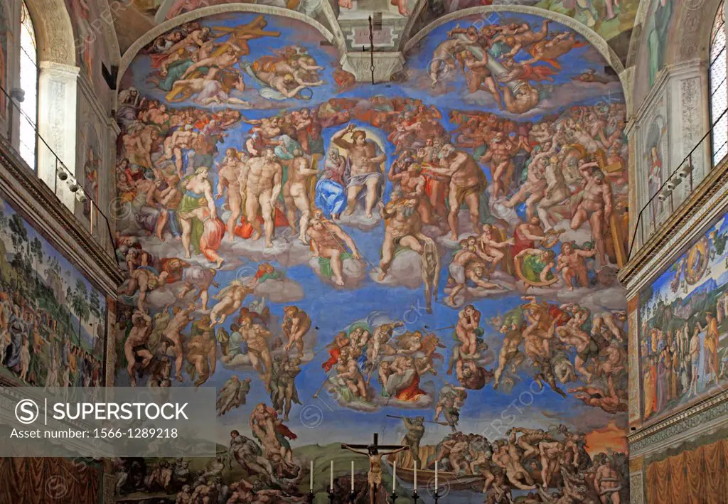 The Last Judgement by Michelangelo at the Sistine chapel, Vatican, Rome, Italy.