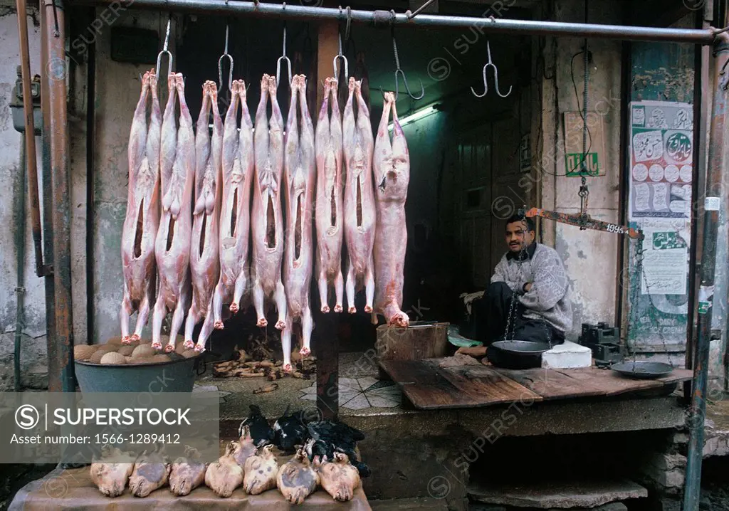Carcasses of he-goats in front of a butcher shop. Pakistan.