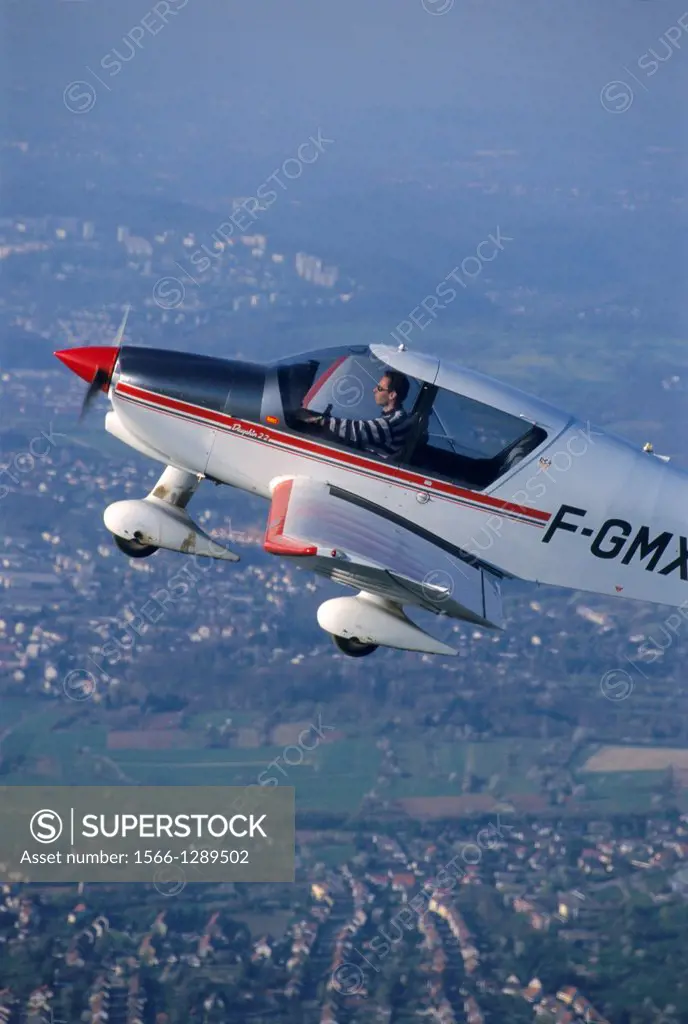 French plane Robin DR400-120 in flight close to stall speed, France.