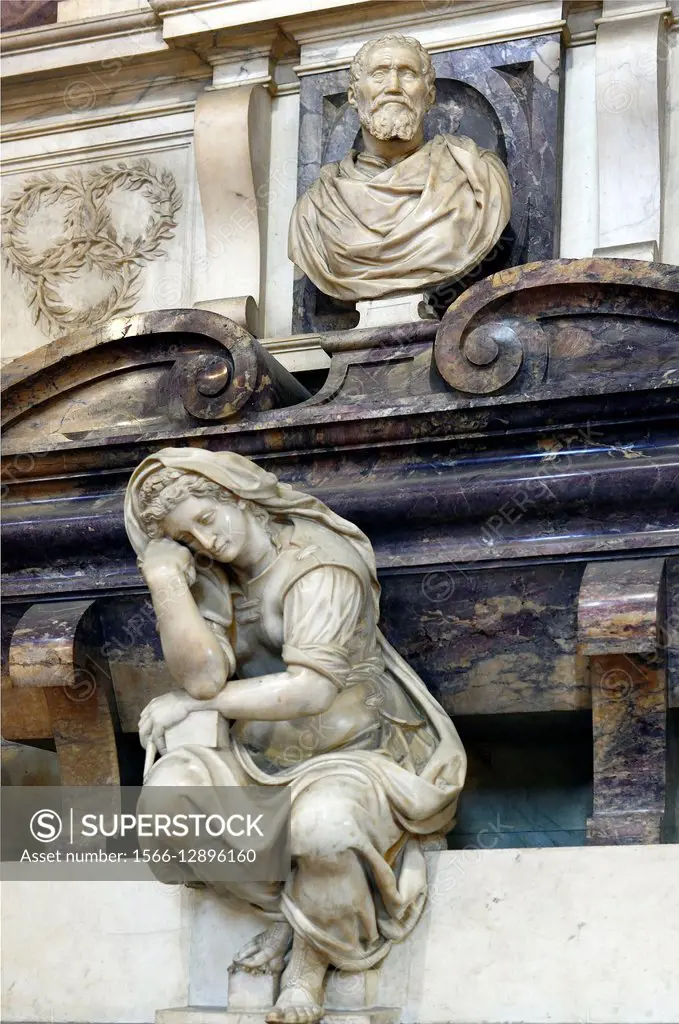 detail of tomb of Michelangelo Buonarroti by Giorgio Vasari in Basilica Santa Croce in Florence, Tuscany, Italy, Europe