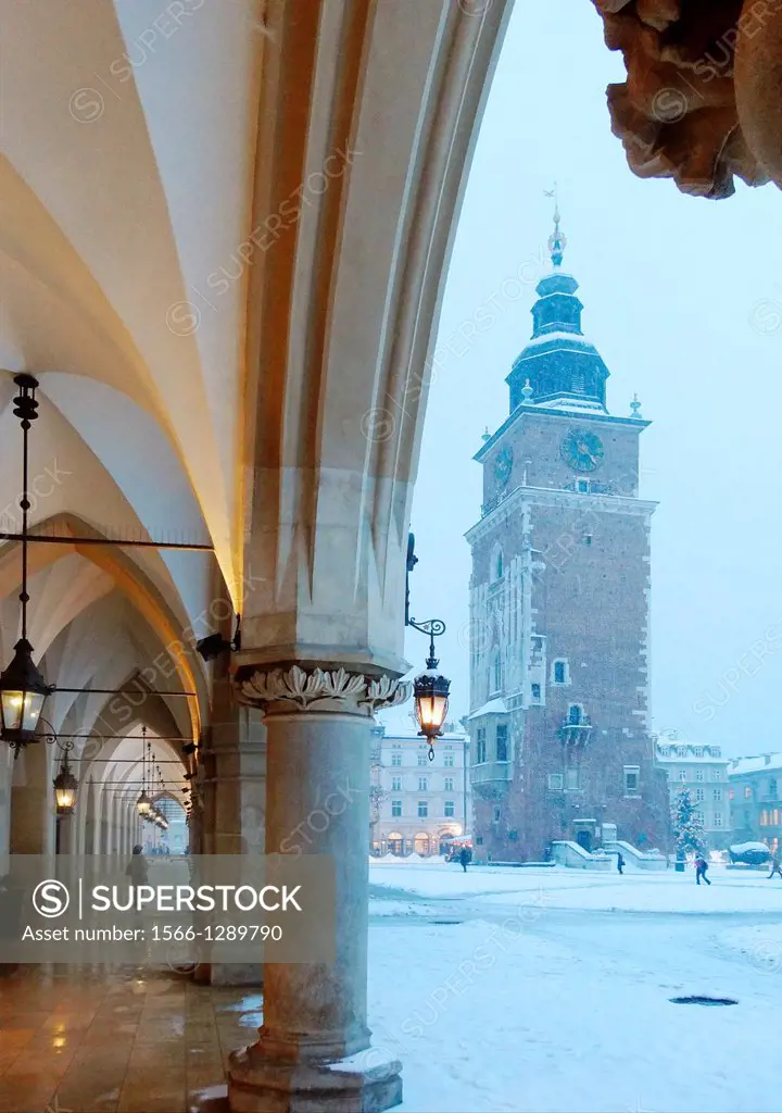Main Market Square at winter time, Krakow, Poland.