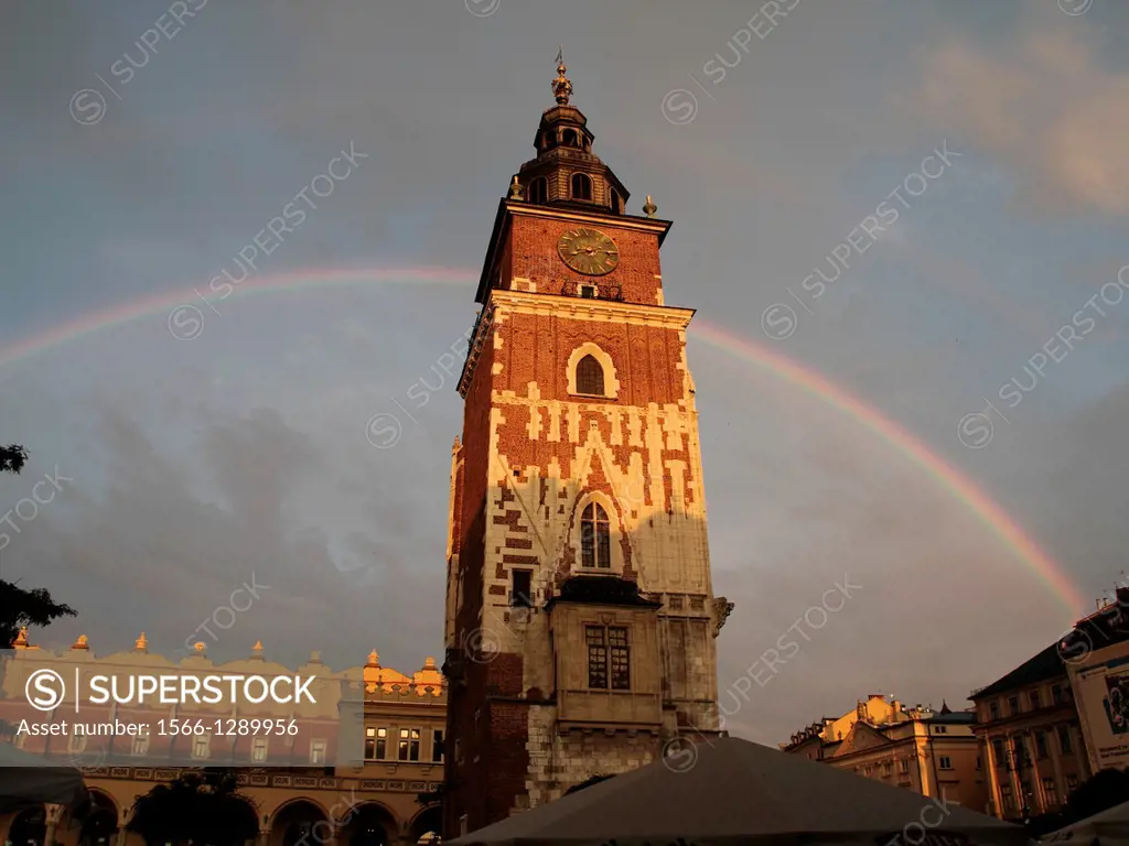 City Tower with rainbow, Krakow, Poland.