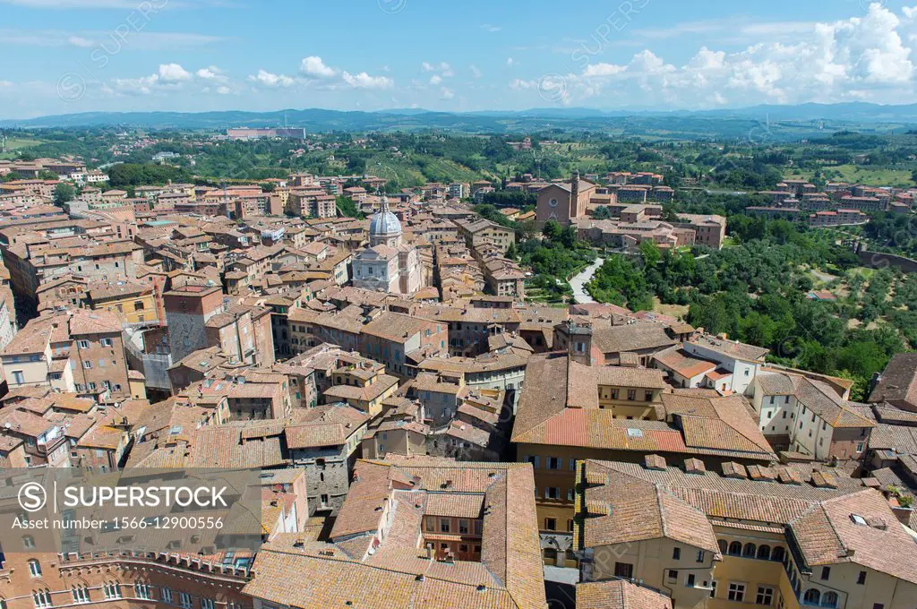 View of the city of Siena from the Mangia Tower (Torre del Mangia), built in 1338-1348, Tuscany, central Italy.
