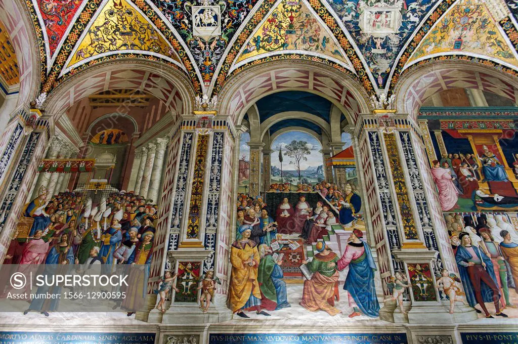 Frescos in the Piccolomini Library in the Siena Cathedral di Santa Maria, better known as the Duomo, in Siena, Tuscany, Italy.