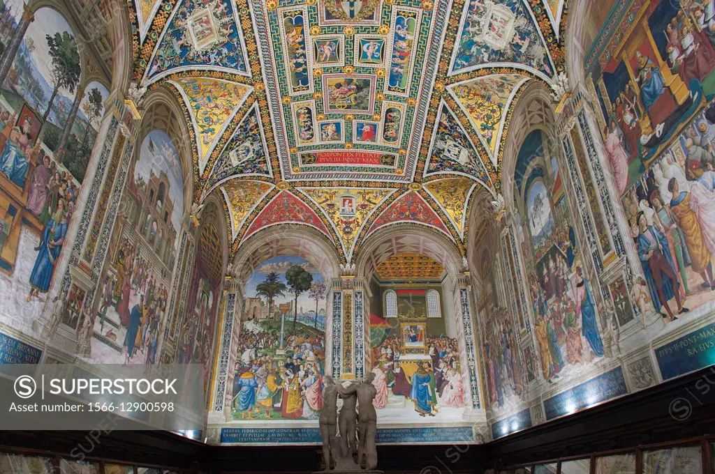 Frescos in the Piccolomini Library in Siena Cathedral di Santa Maria, better known as the Duomo, in Siena, Tuscany, Italy.