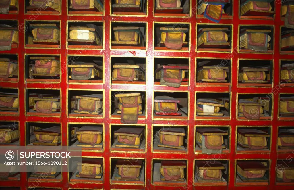 holy manuscripts at library of monastery at Gum, Sikkim, India
