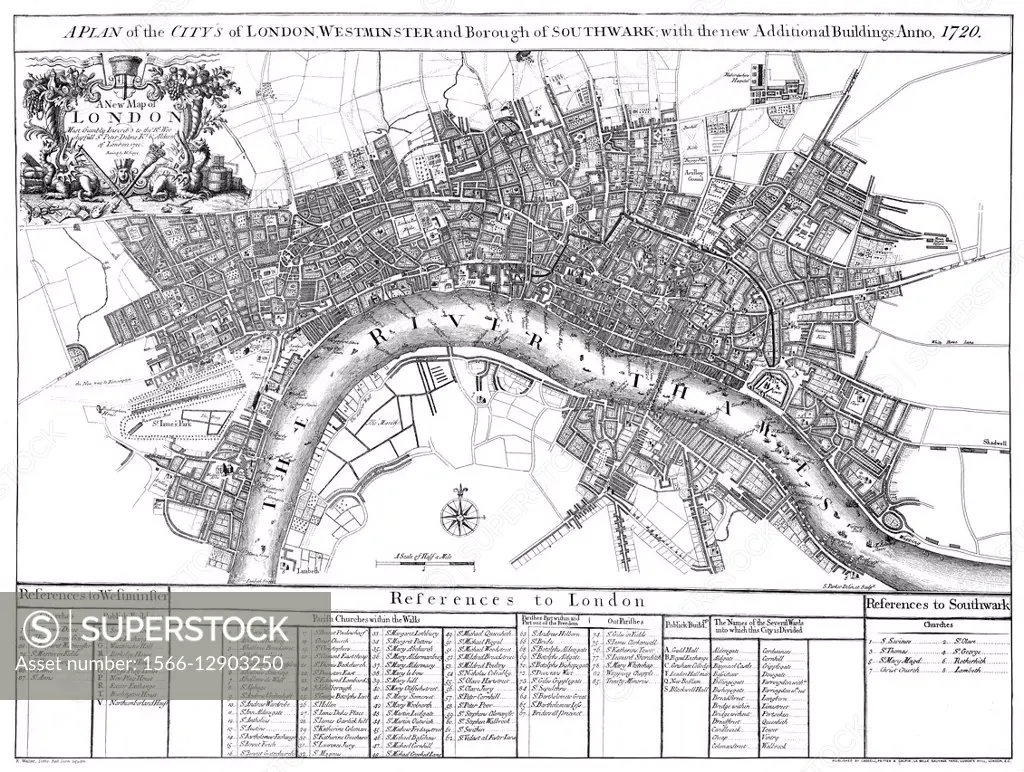 City map of London, England, 1720.
