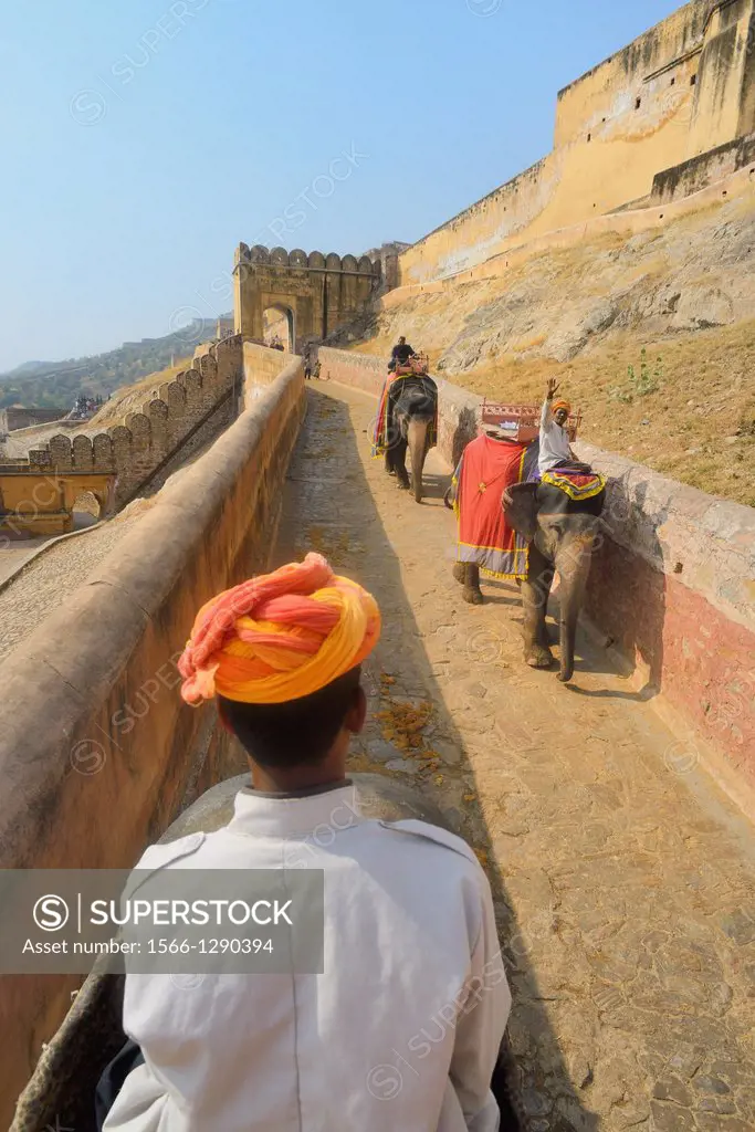 India, Rajasthan, Amber fort, Mahouts on elephant back.