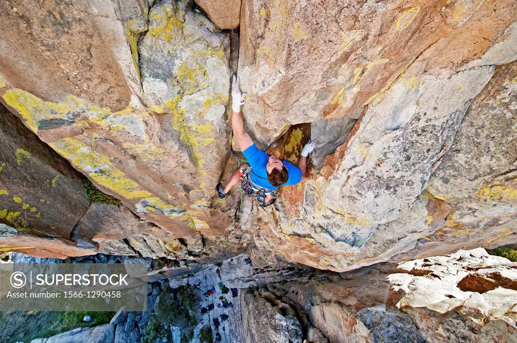 Rock climbing a route called Yellow Wall which is rated 5,9 and located on Yellow Wall at The City Of Rocks National Reserve near the town of Almo in ...