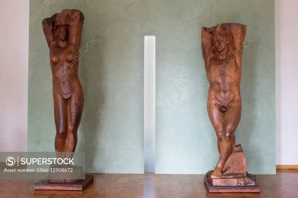 Adam and Eve, wood carved statues by Ivan Mestrovioc in the Mestrovioc Gallery. Split, Croatia.