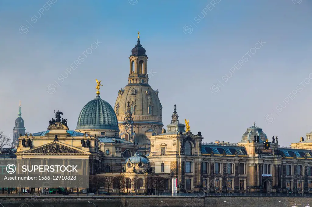 Beautiful cupola of the Dresden Academy of Fine Arts and the Dresden Frauenkirche at sunset, Dresden, Saxony, Germany, Europe