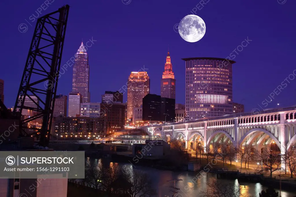 Cuyahoga River At Settlers Landing Park Downtown Skyline Cleveland Ohio Usa.