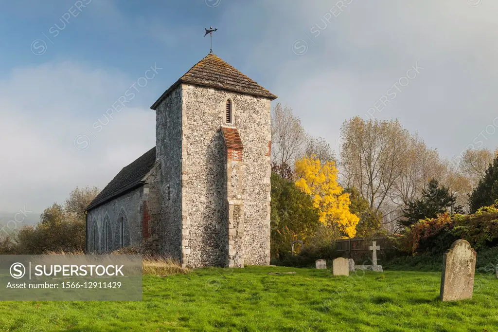 Autumn afternoon at St Botolph´s Saxon church in Botolphs near Steyning, West Sussex, England. South Downs National Park.