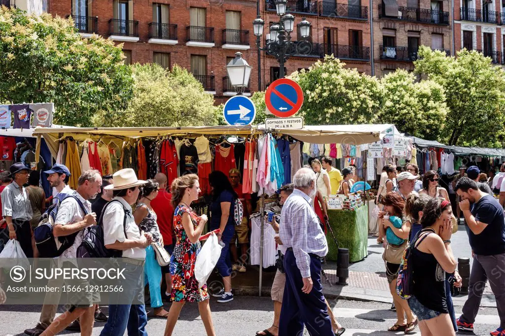 Spain, Europe, Spanish, Hispanic, Madrid, Centro, Barrio de La Latina, el Rastro flea market, Plaza de Cascorro, Ribera de Curtidores, shopping, cloth...