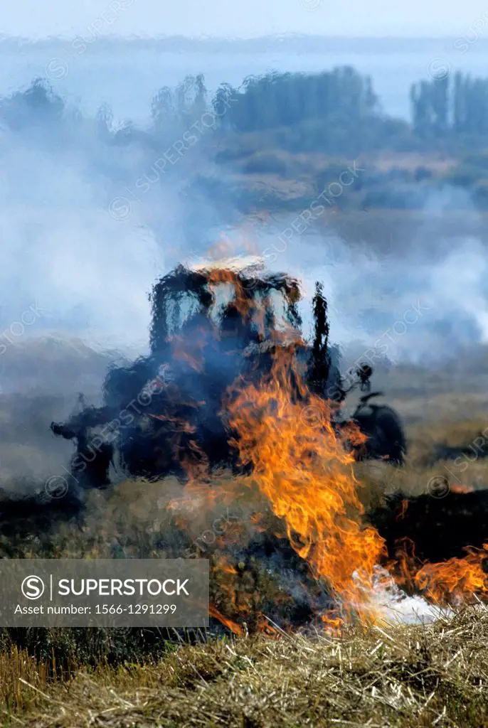 Issyk Kul Lake; Field Work; Fire on Field; Tractor; Kyrgyzstan