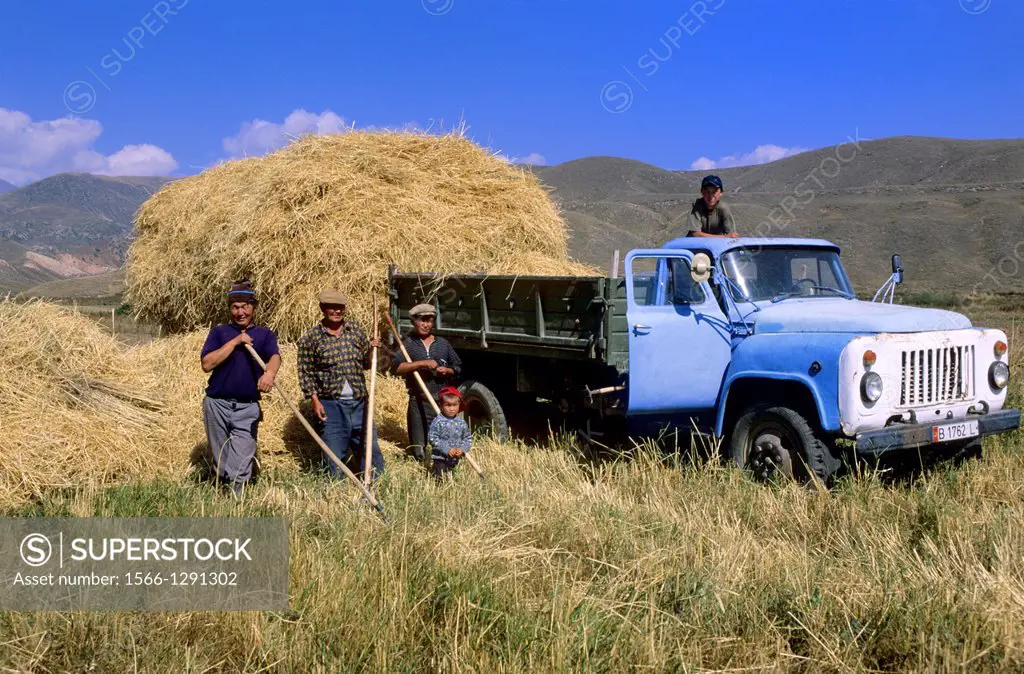 Issyk Kul Lake; field worker; Hay Harvest; russian Truck; Kyrgyzstan.