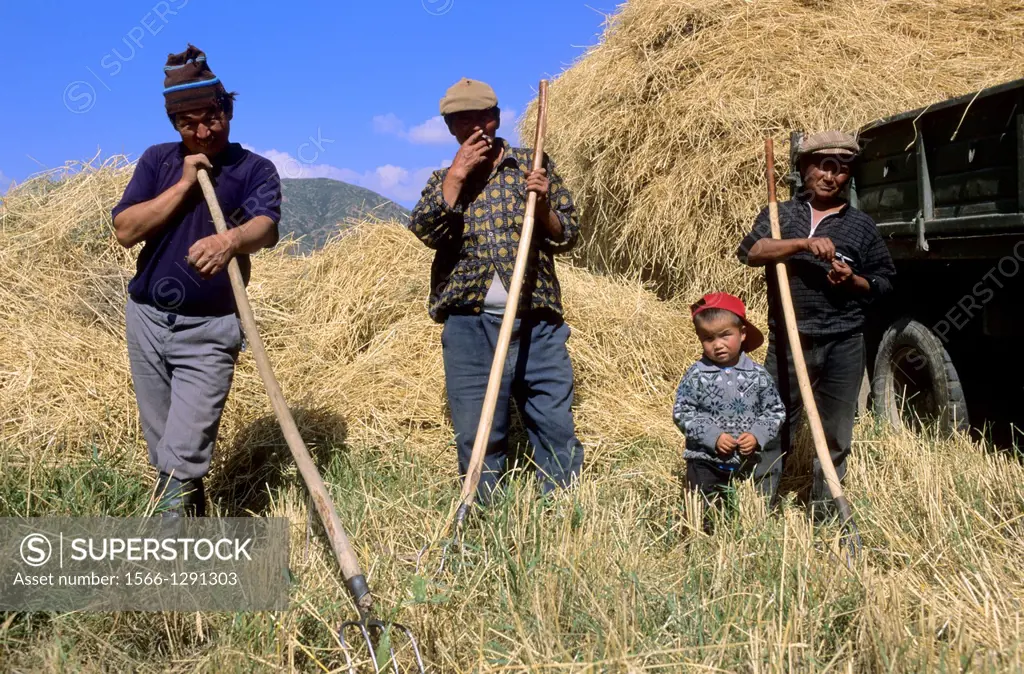 Issyk Kul Lake; field worker; Hay Harvest; Kyrgyzstan.