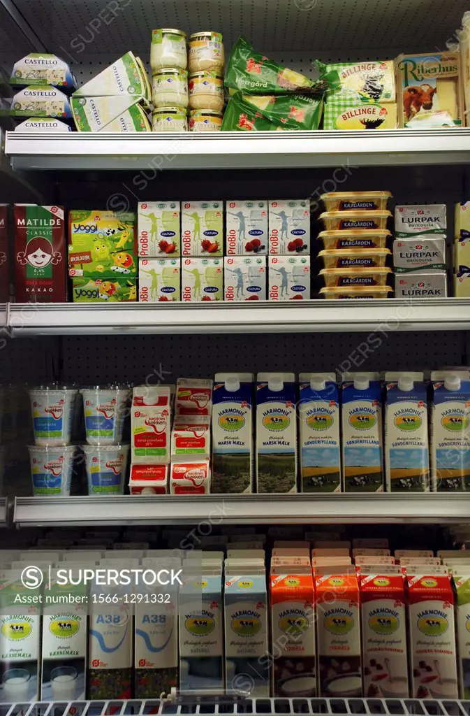 Dairy products in the refrigerated section of a supermarket