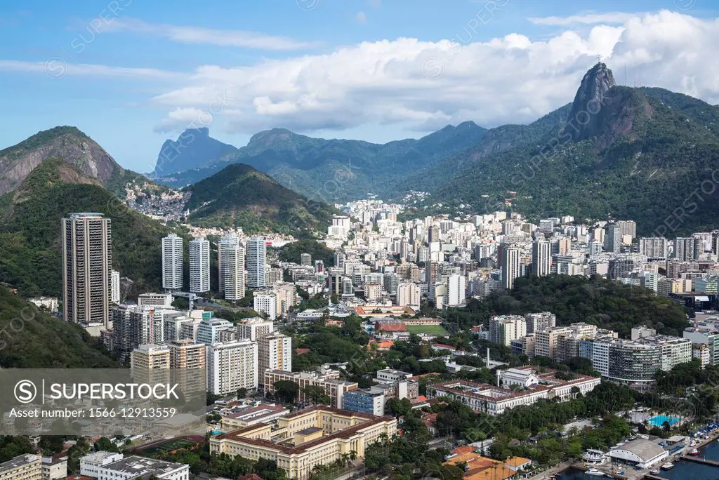 Aerial view of Rio with Corcovado mountain and high-rise blocks seen from Sugar Loaf, Rio de Janeiro, Brazil.