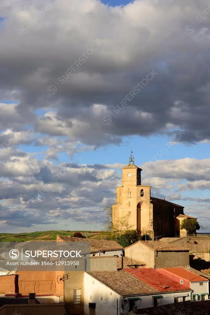 View of the town and the church of San Pedro of Alarilla, Guadalajara, Spain.