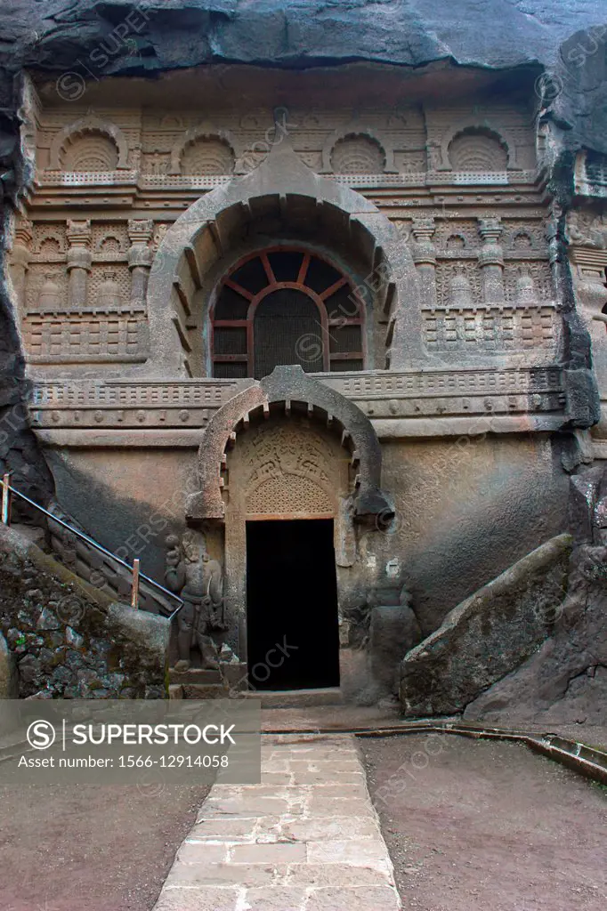 Cave 18 : Façade of chaitya of Pandavleni Cave. Contains beautiful carvings and stupa. Nasik, Maharashtra, India.