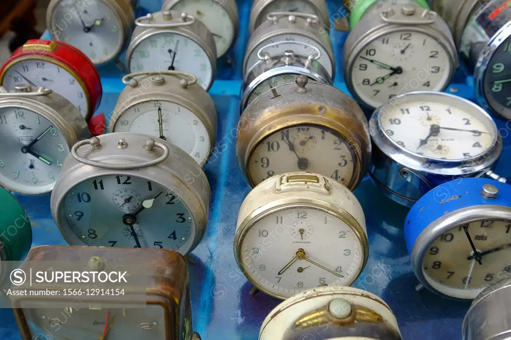 Old alarm clocks at the monthly Antique Market, Arezzo, Tuscany, Italy, Europe
