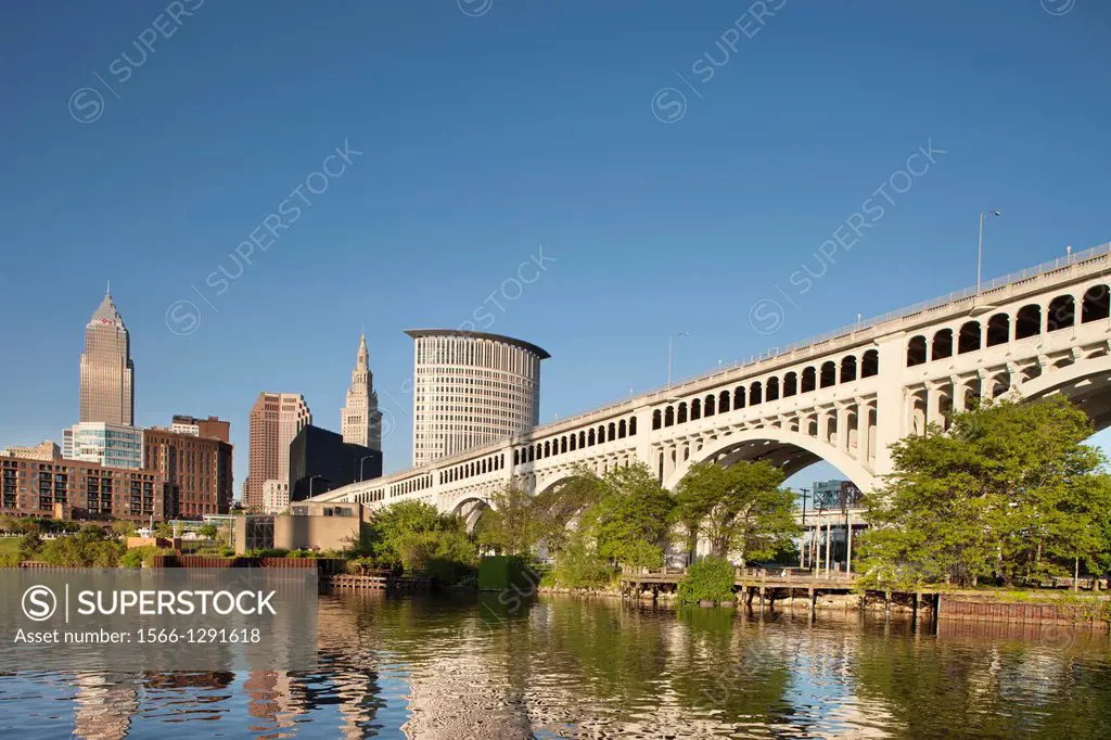 Cuyahoga River At Settlers Landing Park Downtown Skyline Cleveland Ohio Usa.