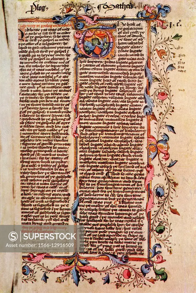 First page of St. Matthew´s Gospel, after a 15th century illuminated MS of the Wyclife Bible. From Impressions of English Literature, published 1944.