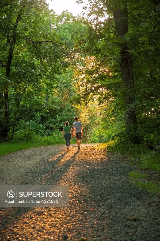 Young couple in 20s holding hands while walking down a grave, road or path, into the light of the setting sun as it filters through trees in the fores...