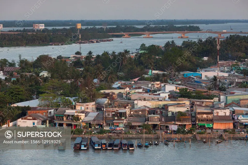 Vietnam, Mekong Delta, Can Tho, elevated view of the East Bank of the Can Tho River, late afternoon.