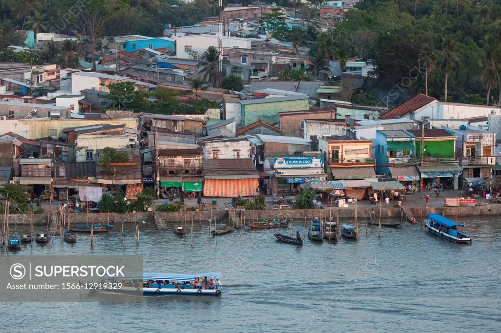 Vietnam, Mekong Delta, Can Tho, elevated view of the East Bank of the Can Tho River, late afternoon.