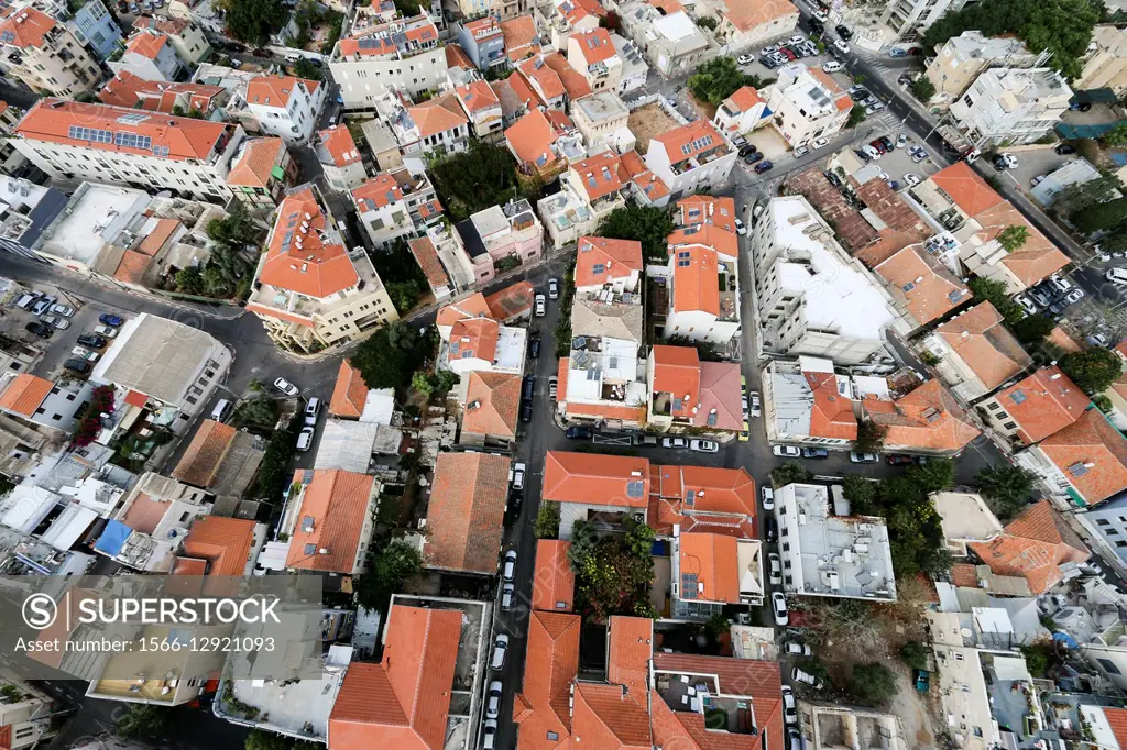 Aerial Photography of Tel Aviv, Israel Neveh Tzedek rooftops in the southern part of the city.