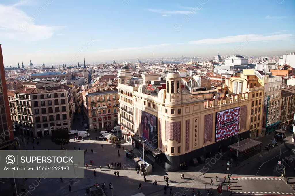 Plaza Callao square in Gran Via street, downtown of Madrid, Spain, Europe.