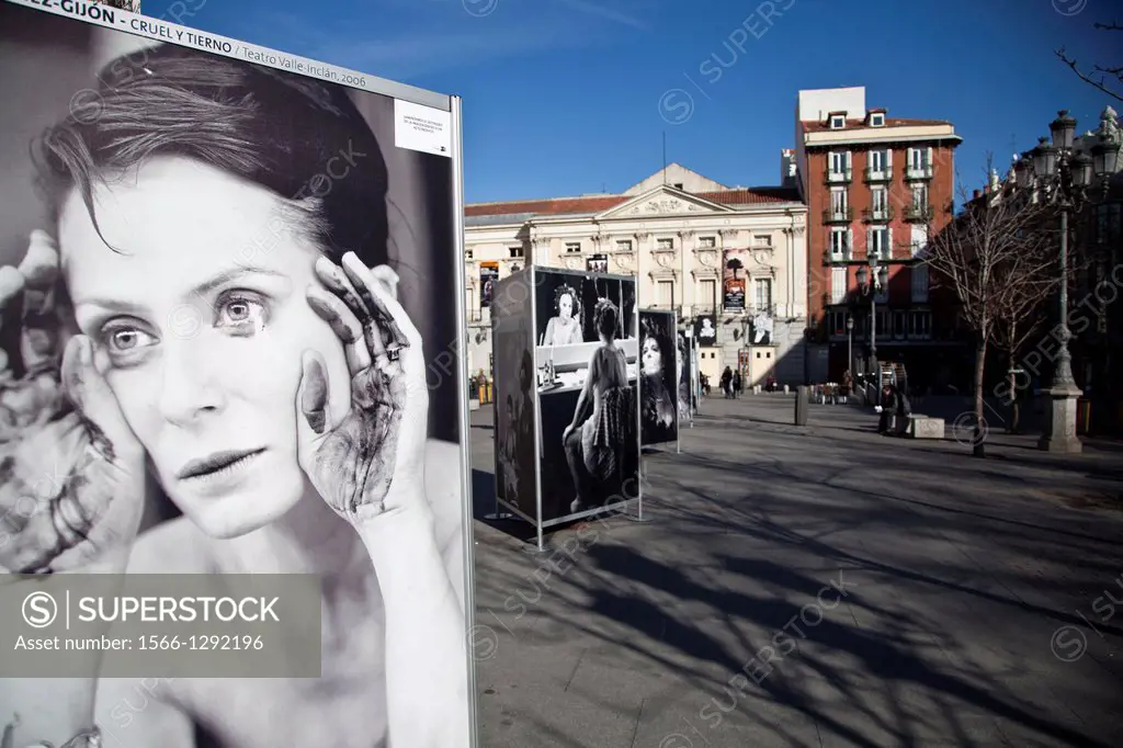 Exposition of photos in Plaza de Santa Ana square, Barrio de las Letras, Madrid, Spain, Europe.