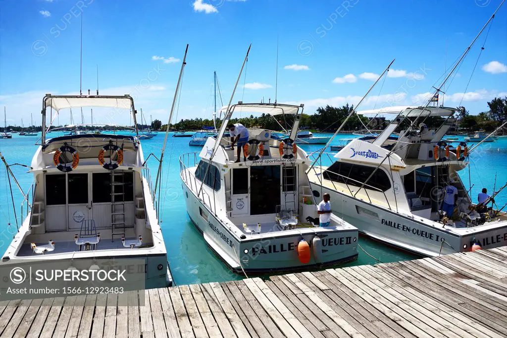 Grand-Baie, Grand Bay, very popular place for sport fishing - here sport fishing boats ready to rent to go, Africa, Mascarene,, Mascarene Islands , Ma...