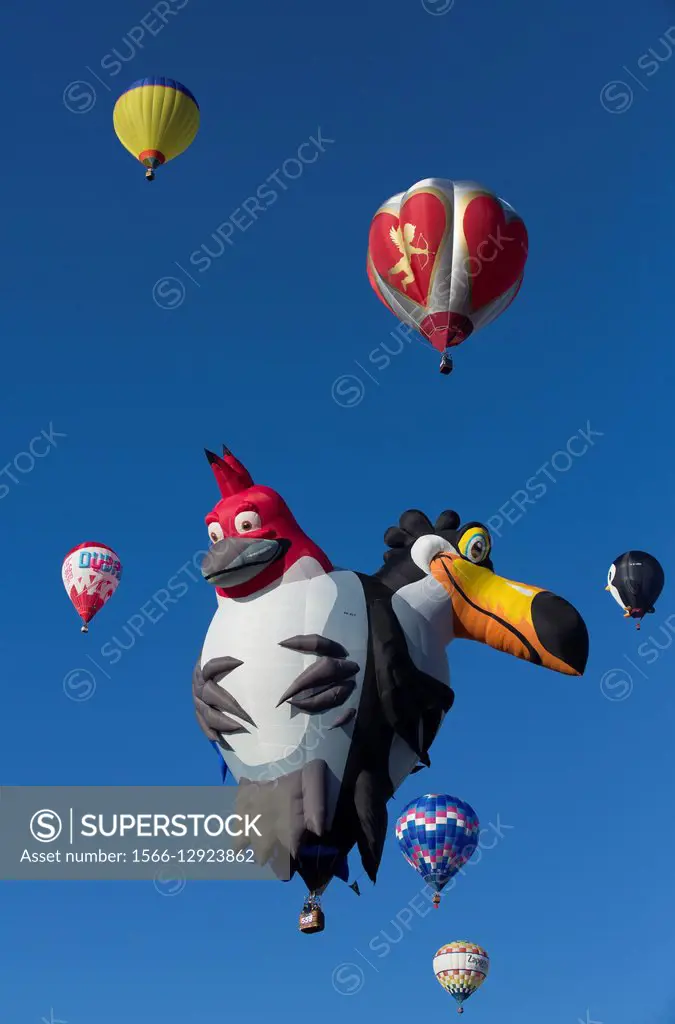 Hot Air Balloons with Special Shape Balloon ""TriBirds"", 2015 Balloon Fiesta, Albuquerque, New Mexico, USA