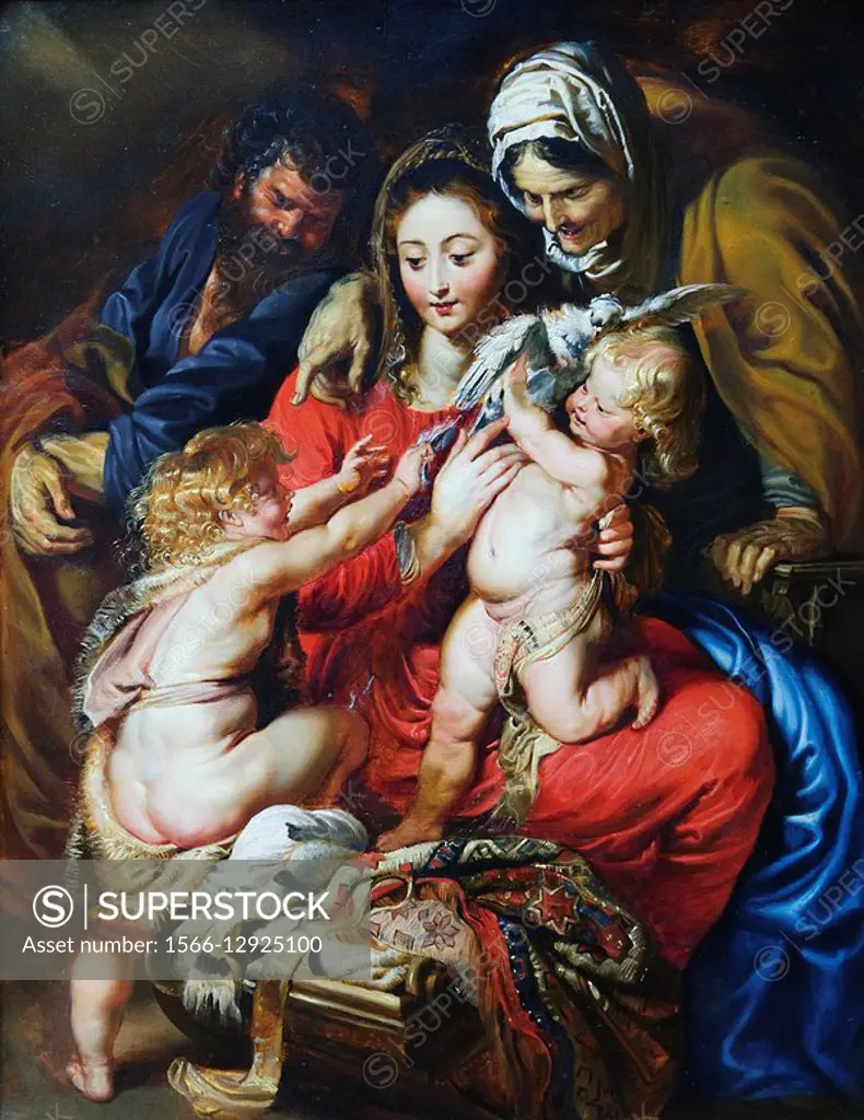 The Holy Family with Saint Elizabeth, Saint John, and a Dove, Oil on wood, Peter Paul Rubens, Flemish, 26 x 20 1/4 in 66 x 51 4 cm, Metropolitan Museu...