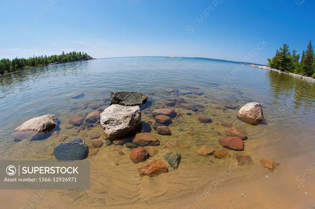 Rocky shore of Katherine Cove in Lake Superior Provincial Park on Lake Superior in Canada.