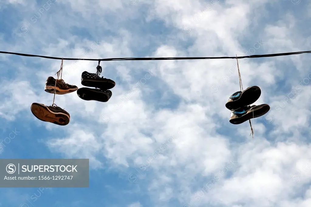 Hanging shoes, Igualada, Catalonia, Spain