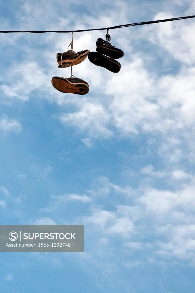 Hanging shoes, Igualada, Catalonia, Spain
