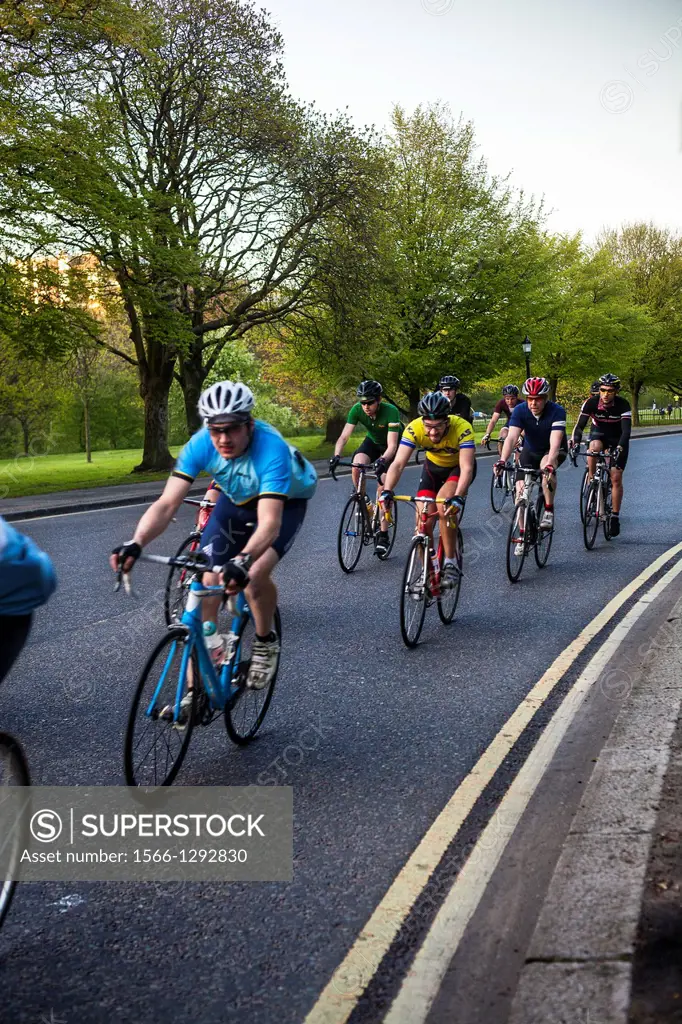 Group of road bikes racing, Regents park, London, UK