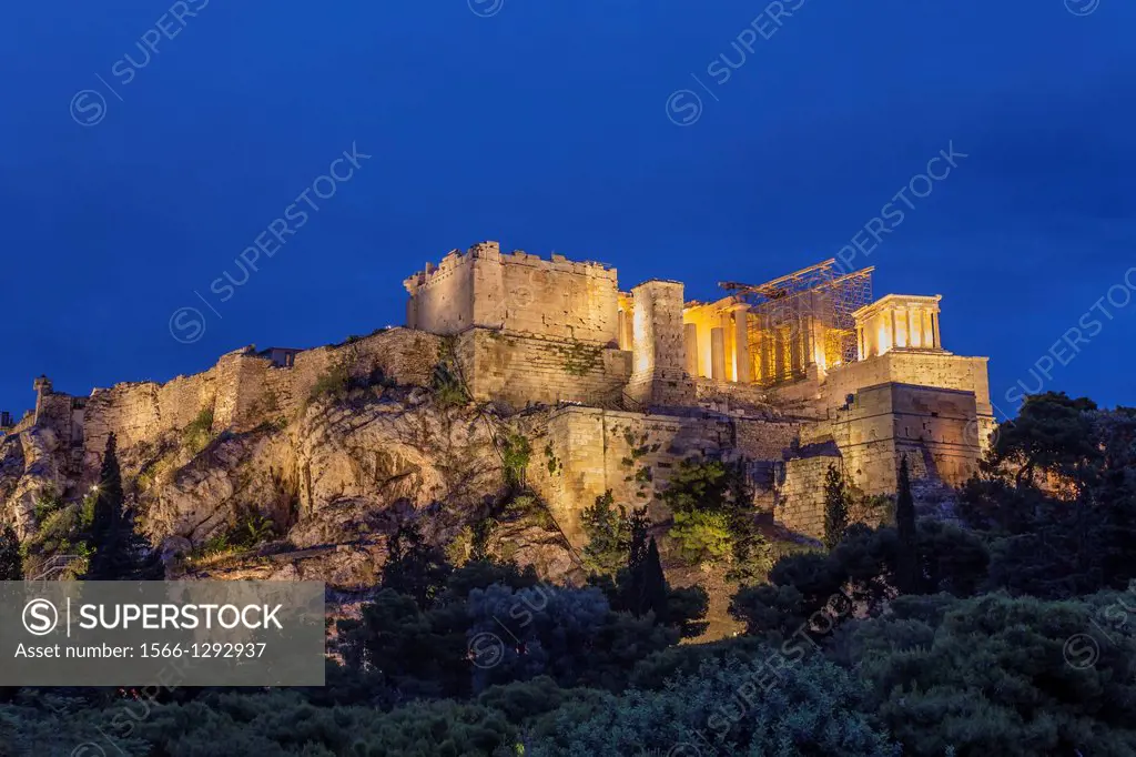Acropolis Hill with the Parthenon construction shot in blue hour, Athens, Greece.