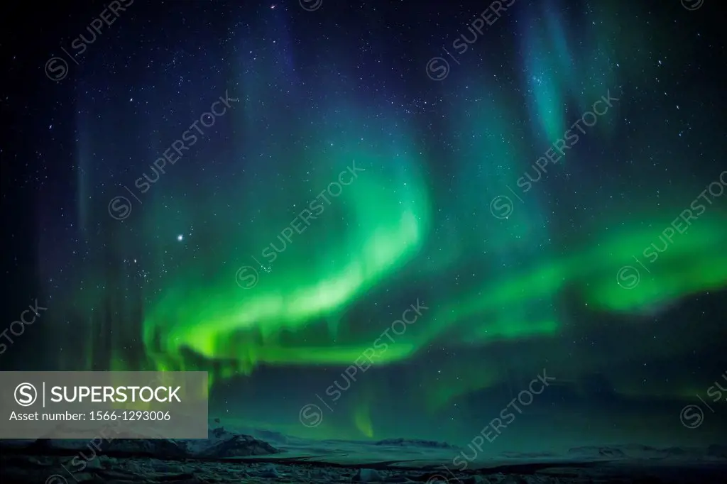 Aurora Borealis or Northern lights at the Jokulsarlon, Breidamerkurjokull, Vatnajokull Ice Cap, Iceland.