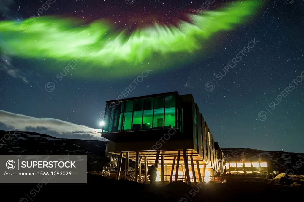 Aurora borealis over Hotel ION, located by Nesjavellir Power Plant, Iceland.