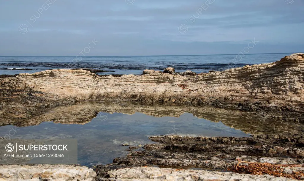 The rocky walls of a tidepool are perfectly reflected.