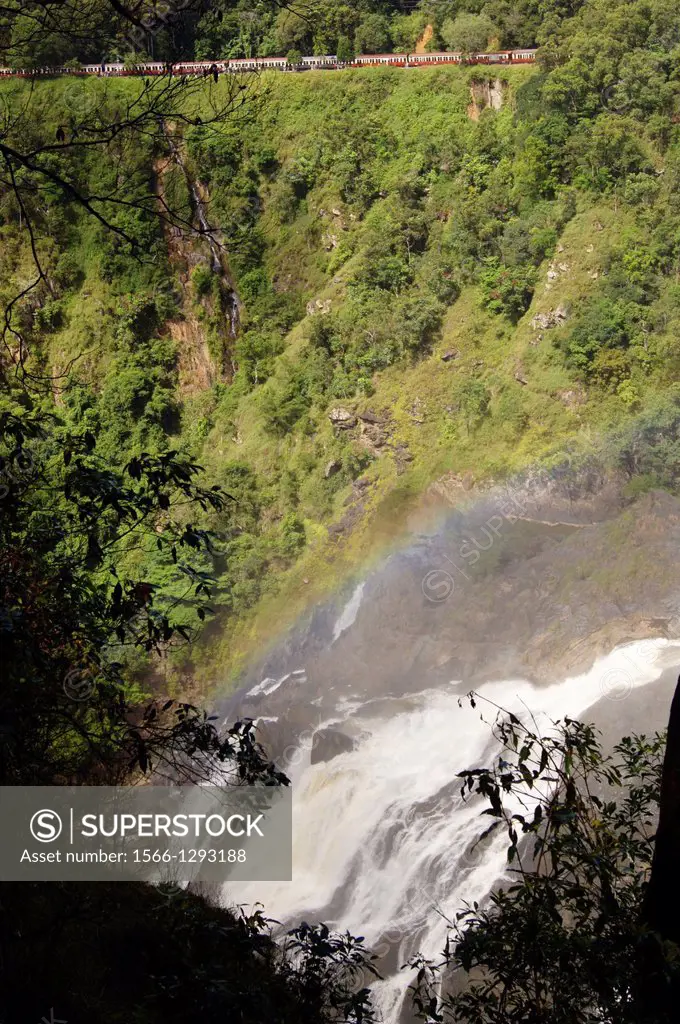 Waterfall and Train railroad in The Rain forest, Cairns, Australia.