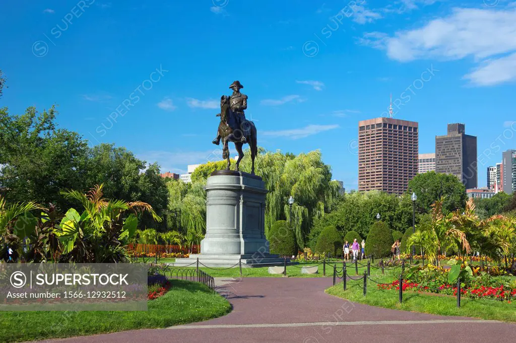 George Washington Equestrian Statue Public Gardens Boston Skyline Massachusetts Usa.